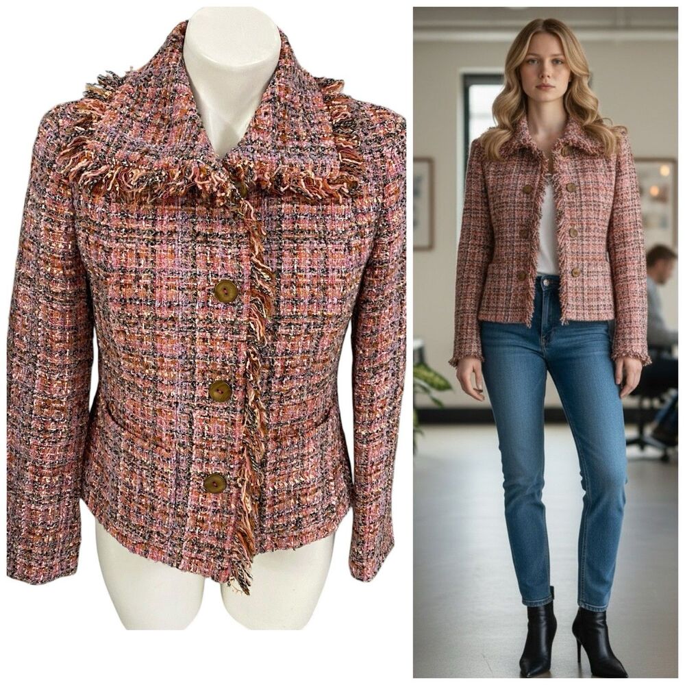 Jones NY Blazer Womens Sz 6P Pink Tweed Jacket Workwear Business Casual Office